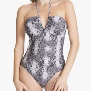 RACHEL Rachel Roy Grey Snakeskin Ruched Halter One Piece Small